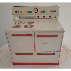 WOLVERINE Metal Kitchen Stove/Oven Tin White w/Red-Litho toy-Vintage 1950s